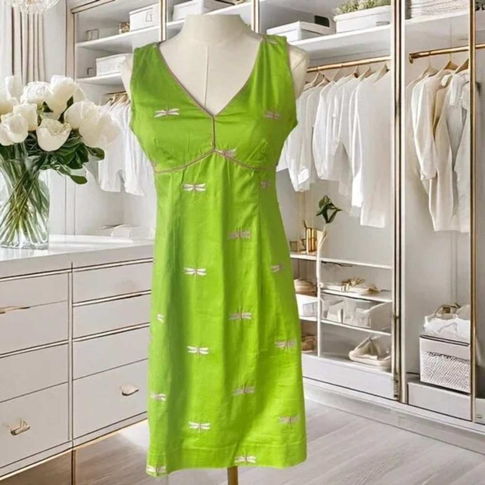 Vibrant Green Dress with Dragonfly Pattern